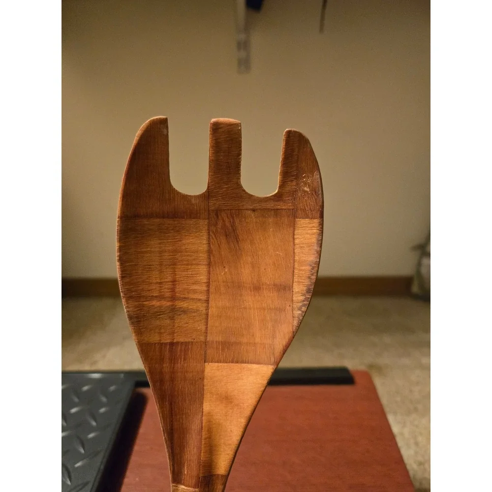 Vintage Woven Wood Salad Fork Serving Utensil Parquet Pattern Brown Handcrafted